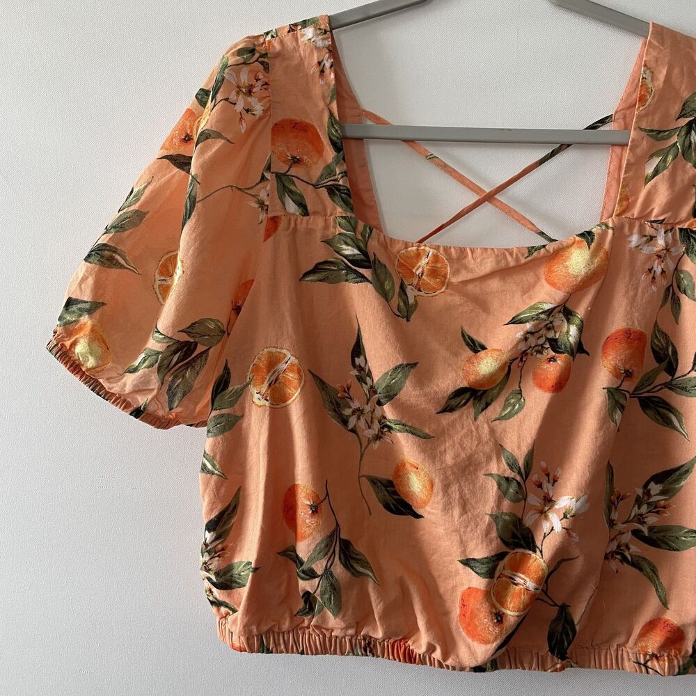 LOFT Orange Short Sleeve Orange Print Strappy Square Neckline Cropped Top Size L - Picture 2 of 10
